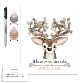 Neutral Deer Theme Fingerprint Poster for Woodland Baby Shower Guestbook Alternative, Hunting Theme Thumbprint Tree, Deer Head, Neutral Woodland Baby Shower Ideas (11x14 Inches, Neutral)