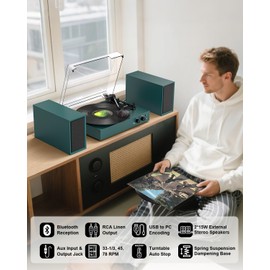 Retro Bluetooth Record Player with External Speakers, 3-Speed Belt-Drive Turntable, USB to PC Recording, AUX & RCA Output, Auto Stop, Vintage Vinyl Player with Modern Design, Green