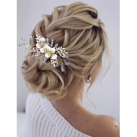 SINLOV Bride Flower Wedding Hair Comb Gold Pearl Rhinestone Bridal Hair Pieces Bridesmaid Side Combs Wedding Hair Accessories for Women