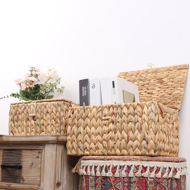 FEIALNDUO Wicker Shelf Baskets with Lid, Seagrass Storage Hamper Basket