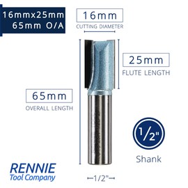Rennie Tools - 16mm Cutting Diameter x 25mm Flute x 1/2" Shank TCT Tipped 2 Flute Straight Router Cutter Bit. Compatible With Makita Trend Festool Hikoki Dewalt Router Etc. 16mm Router Bit