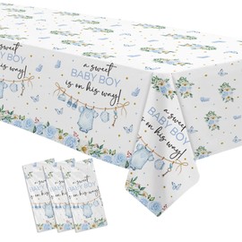Srua Don Blue Baby Boy Baby Shower Decorations Tablecloth, Greenery A Sweet Boy is On His Way Party Supplies Table Cover, Baby Boy Party Table Cloth, 3 Pack, 55in x 86in