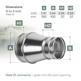 Vent Systems 6" Inch to 4" Inch Galvanized Steel Duct Reducer - Vent Adapter - Fitting Pipe - Connector, Increaser, Reducer, Cone - HVAC, Ventilation Systems