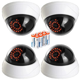 MaximalPower Imitation CCTV Security Dummy Dome Camera with Red LED Light for Home, Shop, Business, etc. - Indoor Outdoor Usage (4 Pack & 8 PC AA Battery)