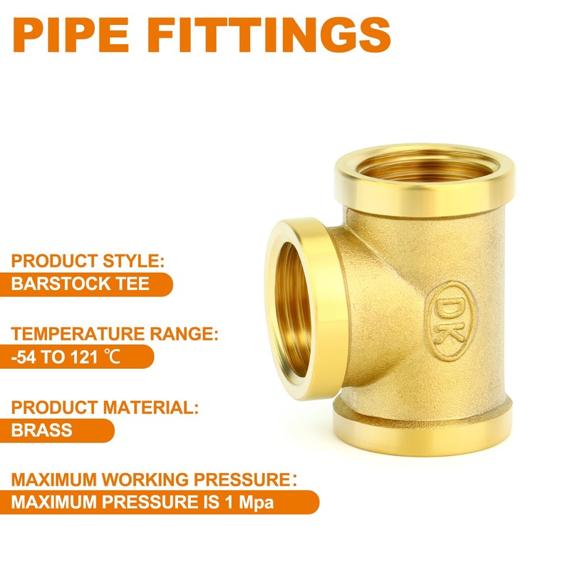 GASHER 5Pcs Brass Tee Fitting, 1/2" x 1/2" x 1/2"