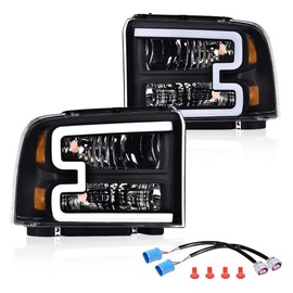 G-PLUS LED DRL Headlights, Compatible with 2005-2007 Ford F250 F350 F450 F550 Super Duty/2005 Excursion HeadLamps, Driver and Passenger Side, Clear lens Black Housing Amber Reflector