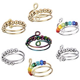 Exbrith Pack of 7 Stress Ring, Adjustable Anxiety Ring, Gold, Silver, Colourful, Open Anxiety Ring with Beads, Anxiety Spinning with Beads, Anti-Stress and Anti-Anxiety, Stainless Steel