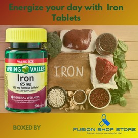 Iron 65mg- Ferrous Sulfate Dietary Supplement, 200ct (Pack of 1), Boxed by Fusion Shop Store