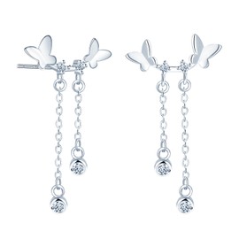 MICMIF Silver 925 Butterfly Earrings for Women, Ear Climber Stud Earrings Butterfly with Zirconia / Drop Earrings Butterfly with Zirconia Tassel Hanging Earrings for Women Girls, Sterling Silver Cubic