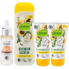 Alverde Natural Cosmetics Set of 4 Skin Care: Face Oil Overnight with 5% Squalane for a Soft Skin Feeling (25 ml) + Body Lotion Bee Happiness (250 ml) + 2 x Hand Cream Bee Happiness (75 ml), 425 ml