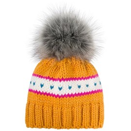 styleBREAKER 04024209 Children's Knitted Bobble Hat with Heart Pattern and Thermal Fleece Lining, Winter Fur Bobble Hat, 3-5 Years, curry