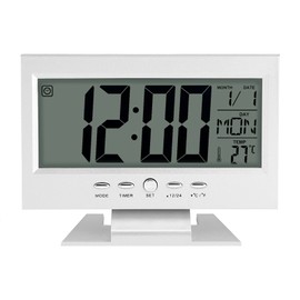 CYSFETENA LCD Digital Sound Sensor Desk Alarm Clock Temperature Display Electric Clock with Calendar and Temperature Display for Home Office (Silver)