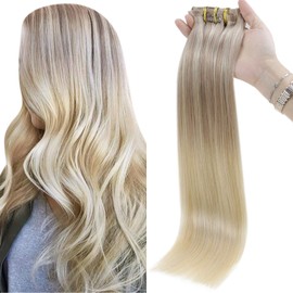 Human Hair Extensions for Women Clip in Full Shine Hair Extensions 14 Inch Clip in Hair Extensions Ombre Balayage Seamless 8 Pieces 120 Grams Color 18 Ash Blonde Fading to 22 and 60 Blonde