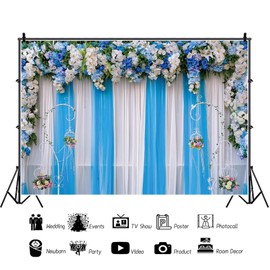 9x6ft Wedding Backdrop White and Blue Tulle Curtain Floral Mother's Day Indian Ceremony Background for Photography Bridal Shower Supplies Wedding Photo Background