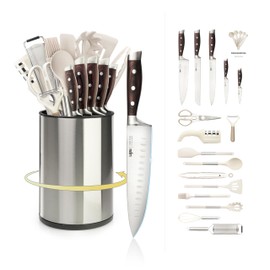 Knife Set & Kitchen Utensils Set with Rotating Holder & Cooking Utensils & Knife Sharpener. Made of High Carbon Stainless Steel, Wood Handle, Safe Odorless Silicone, by LIJIU