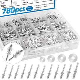 smseace 780pcs 18-Values Pop Rivets with Backup Rivets Washers Assortment Kit 14-Values Silver Aluminum Rivets3/32" 1/8" 5/32" 3/16",4-Values Blind Rivet Washer for Indoor and Outdoor