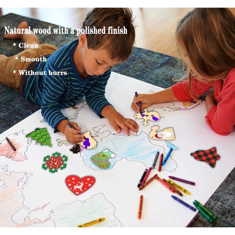 クリスマスオーナメント DIYアートクラフト 未完成の塗装可能な空白の装飾品 木製 50枚セット 10種類 サンタクロース/雪だるま/トナカイ/ベル/クリスマスツリ/ギフト/天使/靴下/雪片/ラブハーツ クリスマスツリー飾り屋内と屋外デコレーション壁掛け 玄関ぶら下げ 子供ギフト