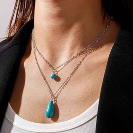 Cimenexe Bohemian Layered Turquoise Necklace Gold Teardrop Turquoise Beads Pendant Necklace Water Drop Turquoise Choker Necklace Blue Natural Stone Chain Necklace Jewellery for Women and Women, Zinc,