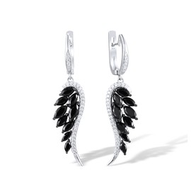 Santuzza 925 Sterling Silver Angel Wings Earrings Black Spinel Cubic Zirconia Feather Wing Drop Earrings for Women