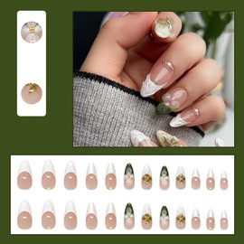 Summer White French Press On Nails Almond Medium Fake Nails With Pearl Flower Design Shell False Nails Press Ons 3D Artificial Stick On Nails French Tip Glue On Nail For Women Nail Supplies
