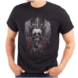 Edgy Dark Fallen Angel Skull Cross Mens Graphic T Shirt Tees