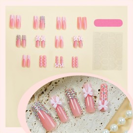 Pink French Tip Press on Nails Long Square Fake Nails With Rhinestones 3D Bow Charms Designs Line False Nails Glossy Glue on Nails Full Cover Artificial Stick on Nails for Women 24 Pcs
