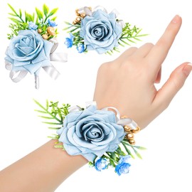 ZAGQIG 2 Pcs Blue Rose Corsage and Boutonniere Set for Wedding, Artificial Flower Prom Wrist Corsage, Wrist Corsage and Men Boutonniere Set for Prom Suit Decoration Wedding Flower Party Accessories