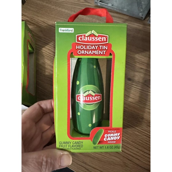 Claussen Pickle Shaped Tin Ornament With Gummies Inside