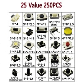 DaFuRui 250pcs 25 Values Tactile Push Button Switch SMD Micro Momentary Tact Switch Assortment Kit