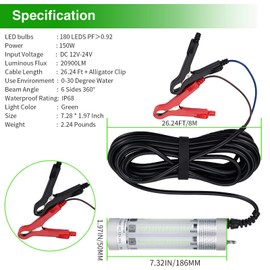 CHEETOP Underwater Fishing LED Light, 30W/80W/150W Super Bright 3500/9600/20900 Lumens Night Fish Attracting Lure Bait Finder Freshwater Saltwater Boat Ice Dock (150W Green Light)