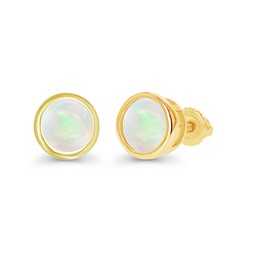 Yellow Gold Plated 925 Sterling Silver 6mm Round Bezel Set Natural Opal October Birthstone Screwback Stud Earrings