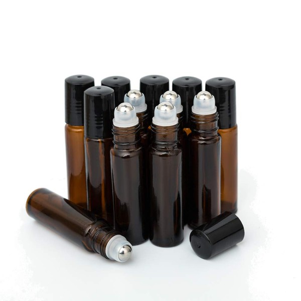 ZEJIA 10ml roller bottles for essential oils, 12 Pack Roll on Bottles, Amber Thick Glass Roller Bottles for Oils, with Stainless Steel Roller Balls, 2 Droppers