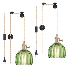 2 Pack Plug in Pendant Light Fixtures, Hanging Light Fixture Vintage Glass Pendant Light, Mini Green Tulip Hanging Lamp, Pendant Lighting for Kitchen Island, Bedroom, Dining Room, Living Room