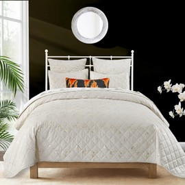 Querencia Luxury Metallic Gold Foil Printed Velvet Comforter Set - Quilt Queen Size, Ivory White Velvet Bedspread Coverlet, Diamond Quilted Bedding with 2 Velvet Shams, All Seasons (Full/Queen)