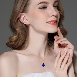 VONSSY Women's Necklace Gemstone Pendant Necklace | Oval Teardrop Pear Crystal Ruby Emerald Sapphire Birthstone Necklace | Platinum Silver Jewellery Gift, White gold or platinum, Cubic Zirconia