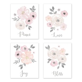 Sweet Jojo Designs Blush Pink, Grey and White Love Peace Joy Bliss Wall Art Prints Room Decor for Baby, Nursery, and Kids for Watercolor Floral Collection - Set of 4