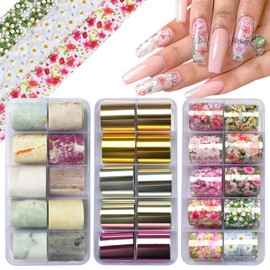 LoveOurHome 30 Sheet Metallic Nail Foils Sticker Marble Transfer Nail Foil Sticker Decals Flower Transfer Foil Stickers Wrap Gold Silver Foil Wraps Acrylic Nail Supplies for Crafts Nails Design