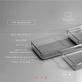 BINO | 3-Piece Drawer Organizer Bin Set - Grey, Large | THE MODULAR+ | Multi-Purpose Storage | Soft-Grip Lining and Non-Slip Rubber Feet | Durable | BPA-Free | Desk Drawer Organizer | Vanity Organizer