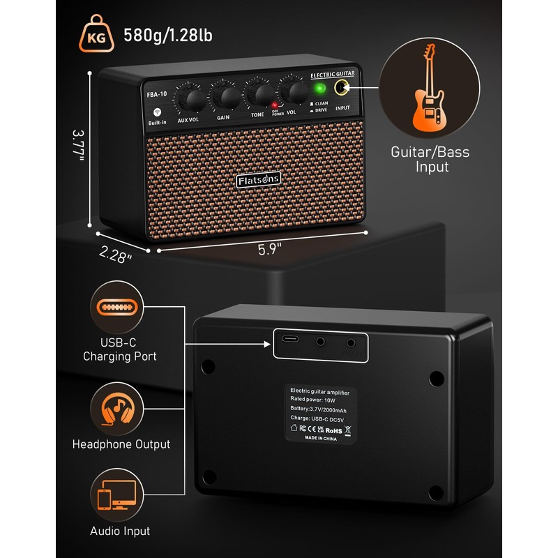 Flatsons FBA-10 Guitar Amp, 10W Mini Electric Guitar Amplifier with