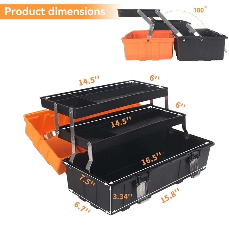 WEWLINE 16.5-Inch Tool Box Organizer 3-Layer Multiplication Plastic Storage Toolbox