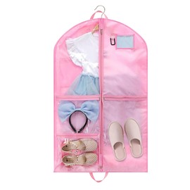 Clothes Bags with Many Pockets, Foldable Children's Garment Bag, Short Clothing Hanging Cover for Easy Organisation for Dancers, Performances, Competitions, Beauty Pageants, Travel (Pink)