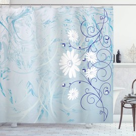 Ambesonne Floral Cortina de Baño, Swirly Flor de la Margarita Blooming, Paño Conjunto de Decoración de Baño de Tela y Ganchos, 70" Alto, Blanco Azul de Bebé