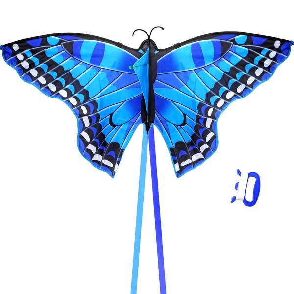 Cerf-Volant Papillon pour Enfants et Adultes, 140x70cm Cerf Volant monofil Kit cerf Volant Beach Kite avec une queue longue de 400cm Cadeau de Jouets de Cerf Volant pour Débutants, Bleue
