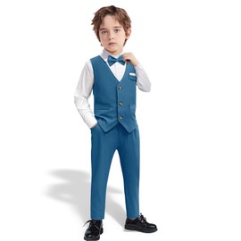 Nwada Boys Suit Ring Bearer Outfit with Formal Dress Shirt, Bow Tie, Slim Vest and Pants, Toddler Boy Dress Clothes Bright Blue