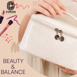 CORIAN STORE - Cosmetic Bag for Women & Makeup Sponge – Waterproof Travel Makeup Organizer Case with Compartments – Long Toiletry Bag for Brushes, Skincare & Cosmetics – Beige