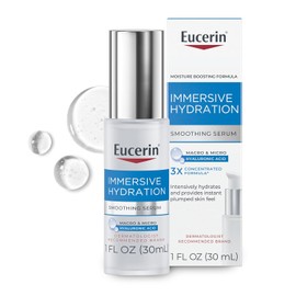 Eucerin Suero facial suavizante de hidratación inmersiva, suero ultraligero de ácido hialurónico que reduce el aspecto de líneas finas y arrugas, botella de 1 onza líquida