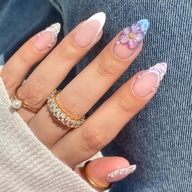 Spring Press on Almond Nails Medium Glossy Full Cover Almond French False Nails with Floral Designs Artificial Almond Shaped Fake Nails with Charms Glue Stick ons Fingernails for Women Girls(Z978)
