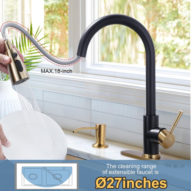 Black and Gold Kitchen Faucet with Soap Dispenser, WOWOW Stainless