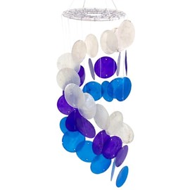 Shell Capiz Windchime - 17" Spiral Indoor Outdoor Hanging Coastal Home Décor, Blue, Purple, and White