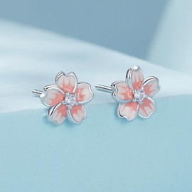 Sterling Silver Earrings for Women, Small Cherry Blossom Hypoallergenic Stud Earrings, Jewellery Gift for Girls and Sisters, enamel, Enamel